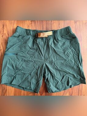 Outdoor Research Men's Athletic Shorts in Forest Green with Tan Belt